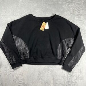 Vintage Southpole Womens Black Cropped Sweatshirt Faux Leather Perforated XL